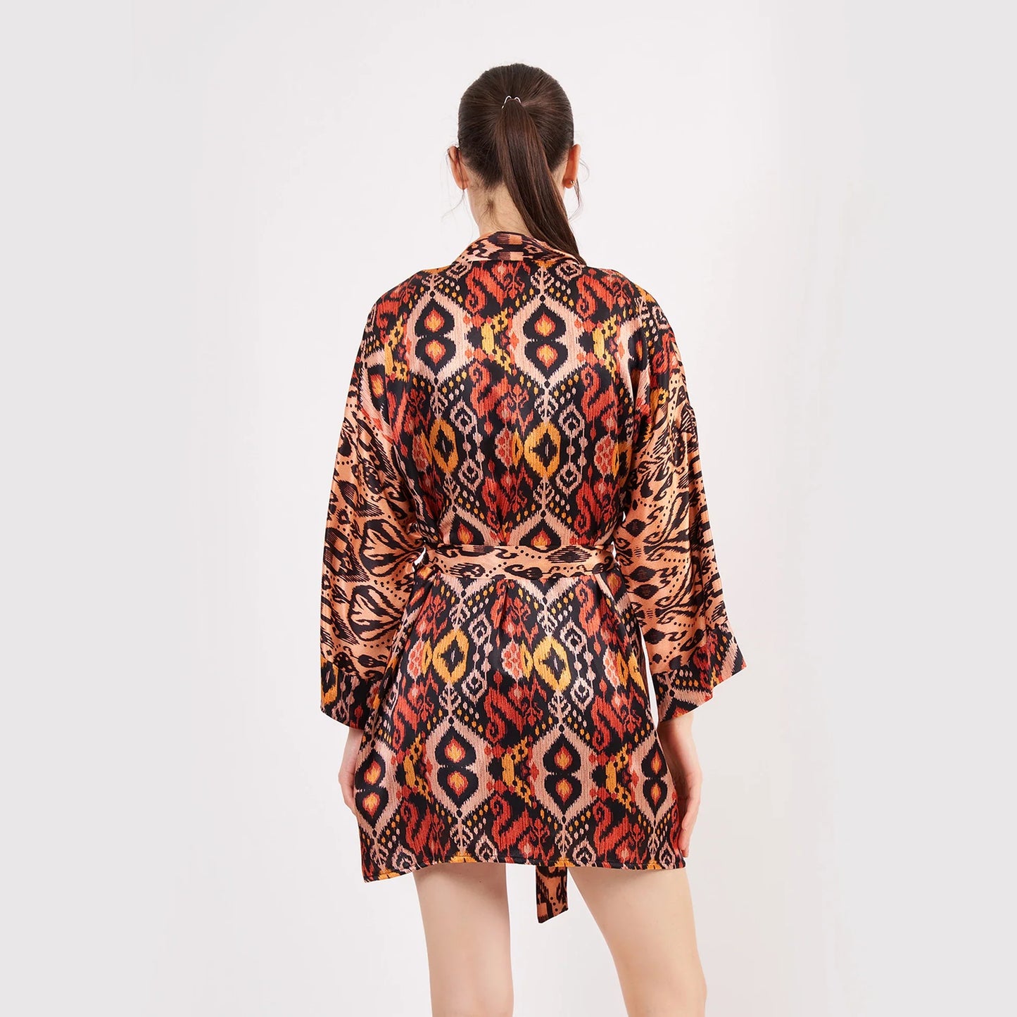 Saf İpek Kısa Kimono Kaftan | Ikat Desen 4 | Nomads Felt