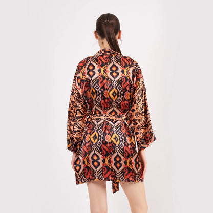 Saf İpek Kısa Kimono Kaftan | Ikat Desen 4 | Nomads Felt