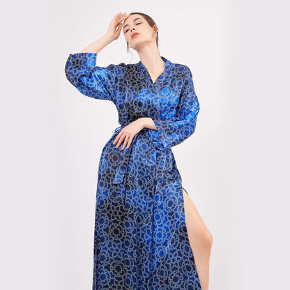 %100 İpek Uzun Kimono Kaftan | Mavi Beyaz Desenli | Nomads Felt
