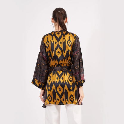 Saf İpek Kısa Kimono Kaftan | Ikat Desen 9 | Nomads Felt