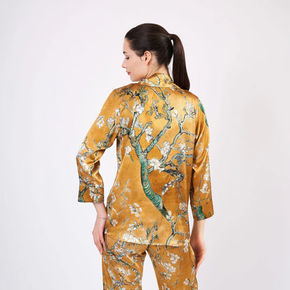 Saf İpek Gömlek-Pantolon-Pijama Takımı | Van Gogh Badem Ağacı Gold | Nomads Felt