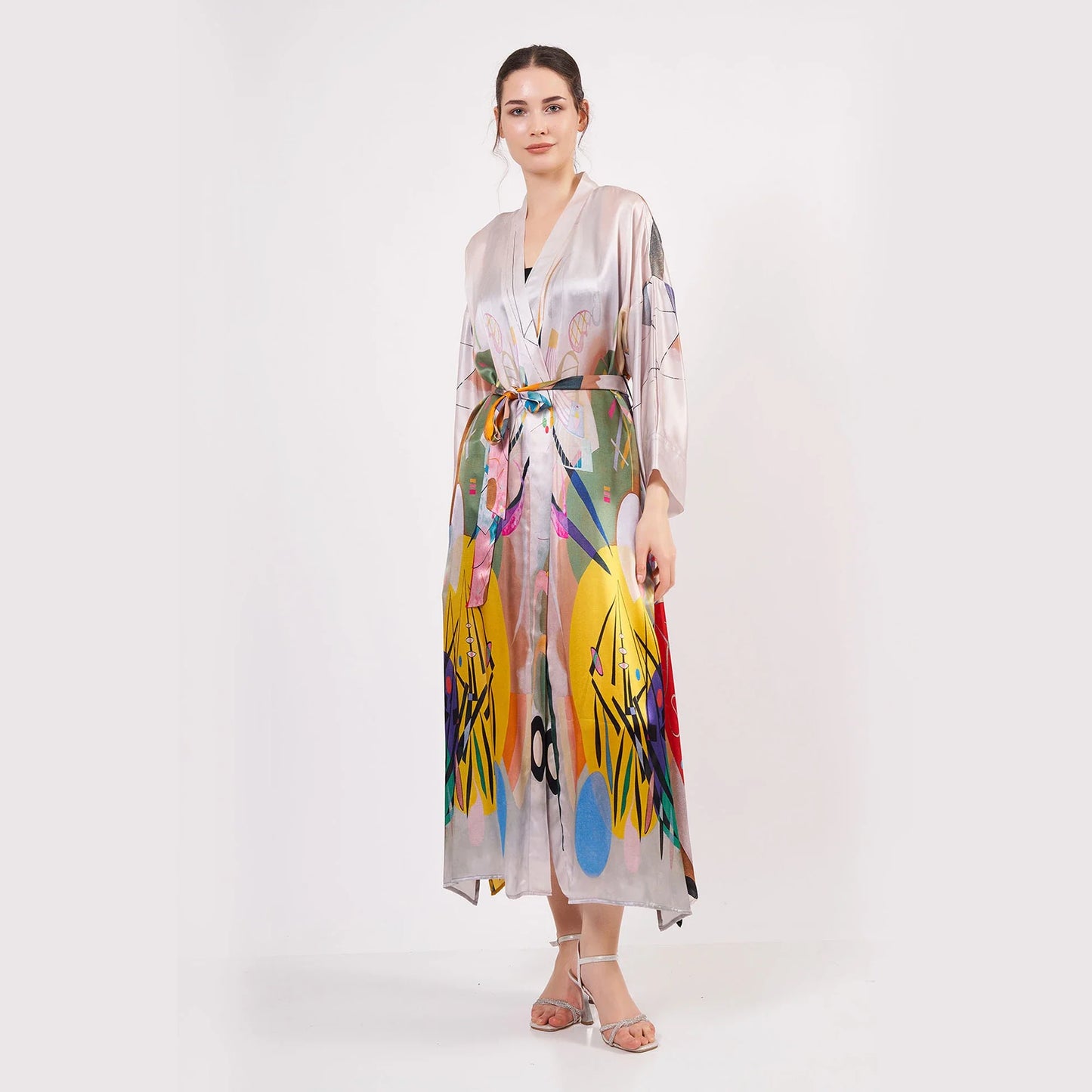 %100 İpek Uzun Kimono Kaftan | Kandinsky Dominant Curve | Nomads Felt