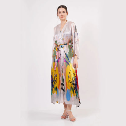 %100 İpek Uzun Kimono Kaftan | Kandinsky Dominant Curve | Nomads Felt