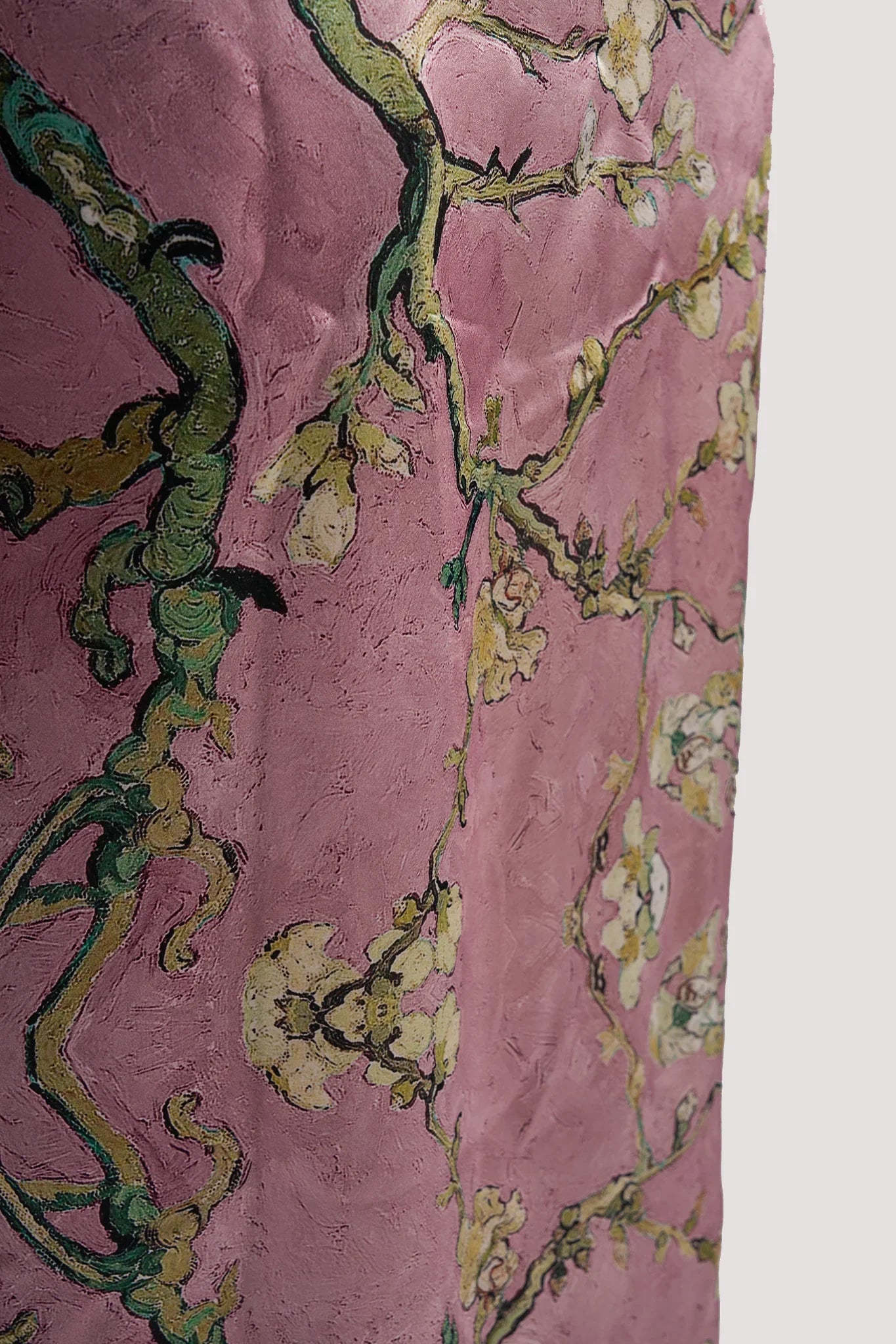 Gül Kurusu Van Gogh Badem Ağacı Desenli Uzun Kollu İpek Elbise