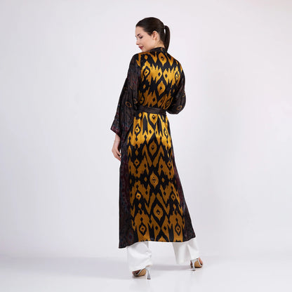 Siyah- Gold İkat Desenli İpek Kimono