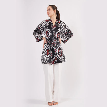 Saf İpek Kısa Kimono Kaftan | Ikat Desen 5 | Nomads Felt