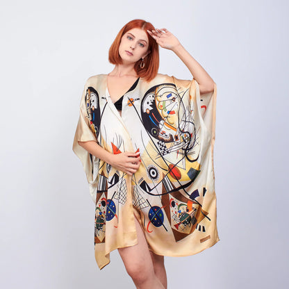 %100 İpek Kısa Kimono Pareo  | Kandinsky Transverse Line | Nomads Felt