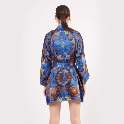 Saf İpek Kısa Kimono Kaftan | Mandala Desen 3 Saks Mavi | Nomads Felt