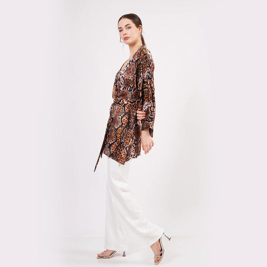 Saf İpek Kısa Kimono Kaftan | Yılan Derisi Desen Kahverengi | Nomads Felt