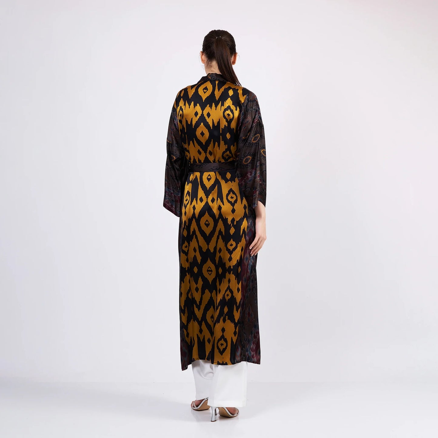 İpek Uzun Kimono Kaftan | Siyah-Gold Ikat Desen