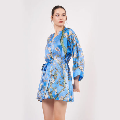 Saf İpek Kısa Kimono Kaftan | Van Gogh Badem Ağacı Mavi | Nomads Felt