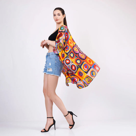 %100 İpek Kısa Kimono Pareo | Kandinsky Squares with Circles | Nomads Felt