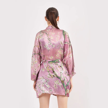 Saf İpek Kısa Kimono Kaftan | Van Gogh Badem Ağacı Pembe | Nomads Felt