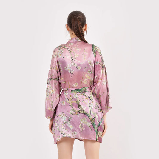 Saf İpek Kısa Kimono Kaftan | Van Gogh Badem Ağacı Pembe | Nomads Felt