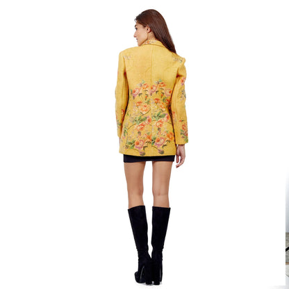 İpek-Yün Haute Couture Ceket | Sarı Çiçek Desen | Nomads Felt