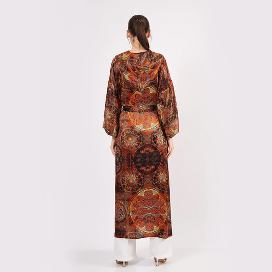 İpek Kapüşonlu Kimono Kaftan | Mandala Desen Kahverengi | Nomads Felt