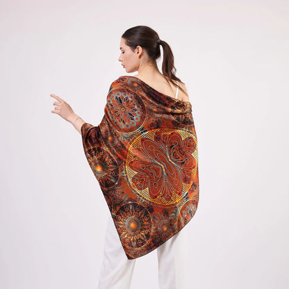 100% İpek Şal Fular | Mandala Desen | 140 cm | Kahverengi | Nomads Felt