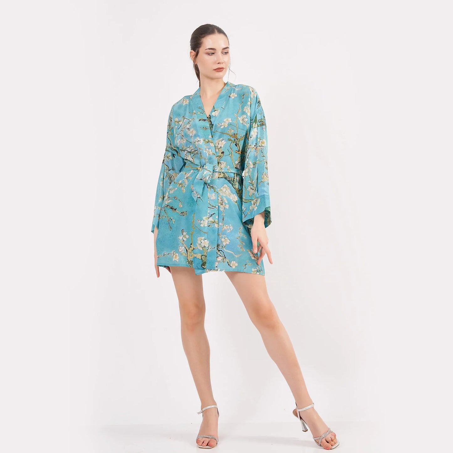 Saf İpek Kısa Kimono Kaftan | Van Gogh Badem Ağacı Turkuaz | Nomads Felt