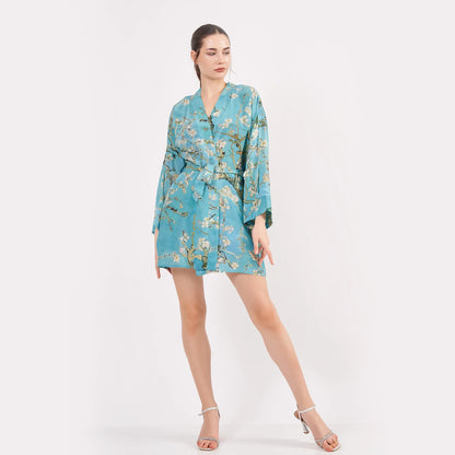 Saf İpek Kısa Kimono Kaftan | Van Gogh Badem Ağacı Turkuaz | Nomads Felt