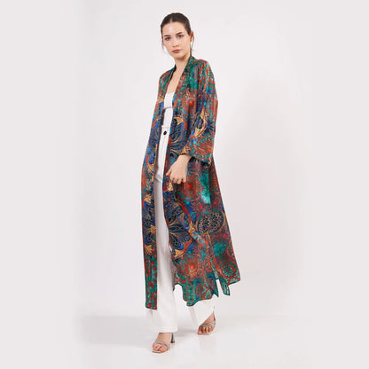 Saf İpek Uzun Kimono Kaftan | Yeşil Mandala Desen 4 | Nomads Felt