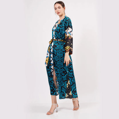 %100 İpek Uzun Kimono Kaftan | İkat Desen Turkuaz | Nomads Felt