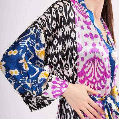 Saf İpek Kısa Kimono Kaftan | Ikat Desen 1 | Nomads Felt