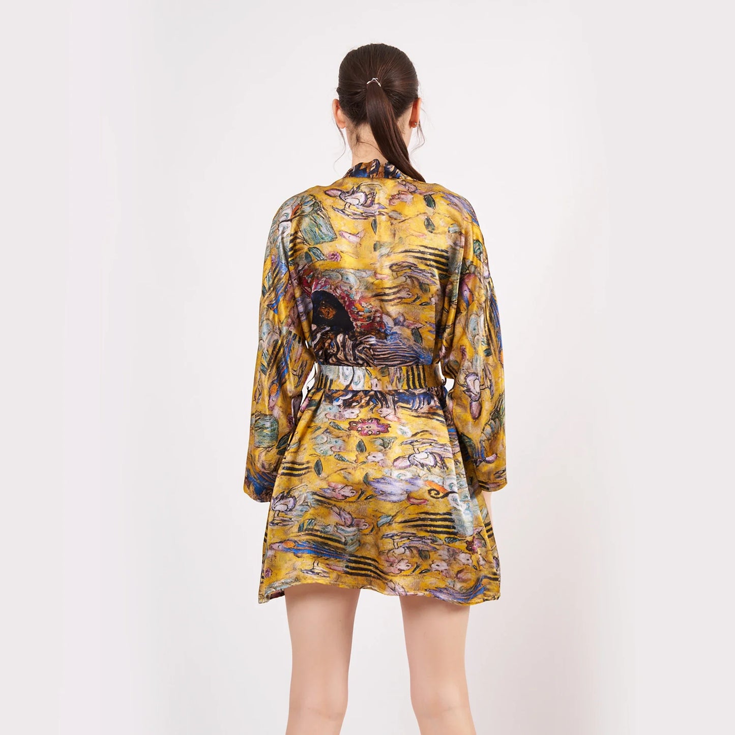 Saf İpek Kısa Kimono Kaftan | Gold Desenli | Nomads Felt