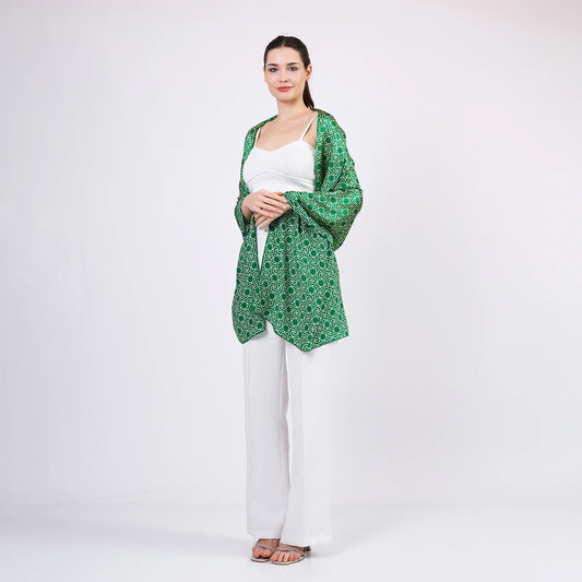 Saf İpek Fular | Yeşil | Unisex | Selçuklu Vektörel Yıldız Desen | Nomads Felt
