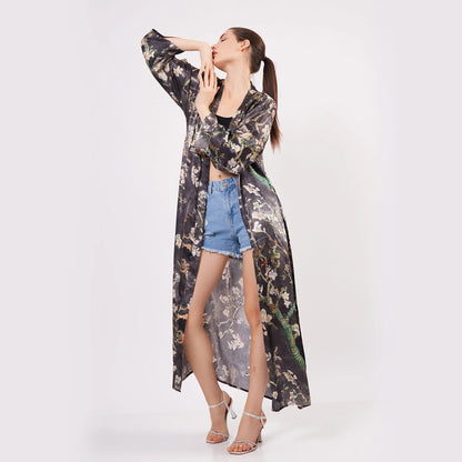 %100 İpek Kimono Kaftan | Antrasit | Van Gogh Badem Ağacı | Nomads Felt