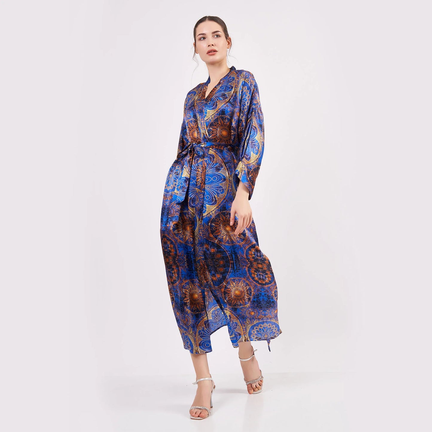 Saf İpek Uzun Kimono Kaftan | Mandala Desen 2 | Saks Mavi | Nomads Felt