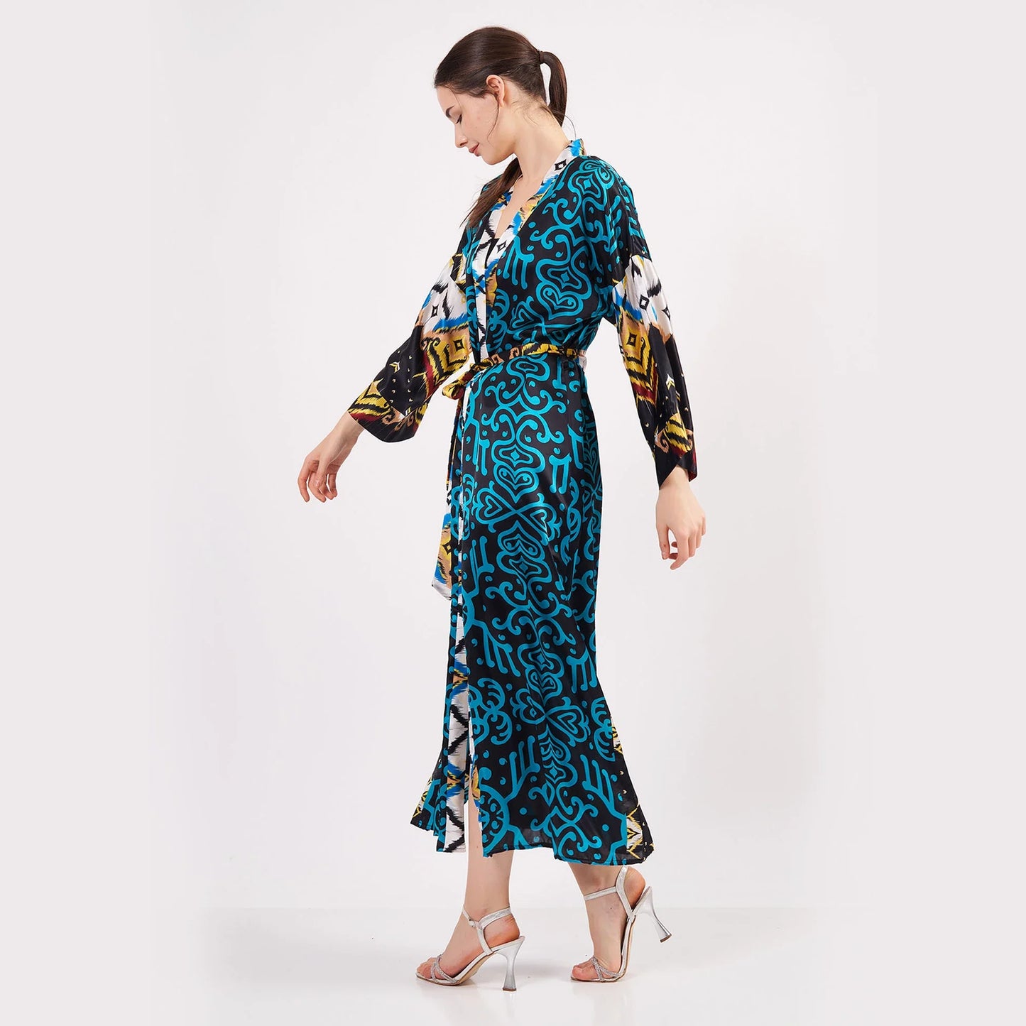 %100 İpek Uzun Kimono Kaftan | İkat Desen Turkuaz | Nomads Felt