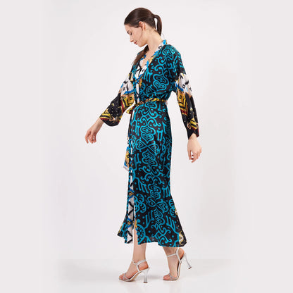 %100 İpek Uzun Kimono Kaftan | İkat Desen Turkuaz | Nomads Felt
