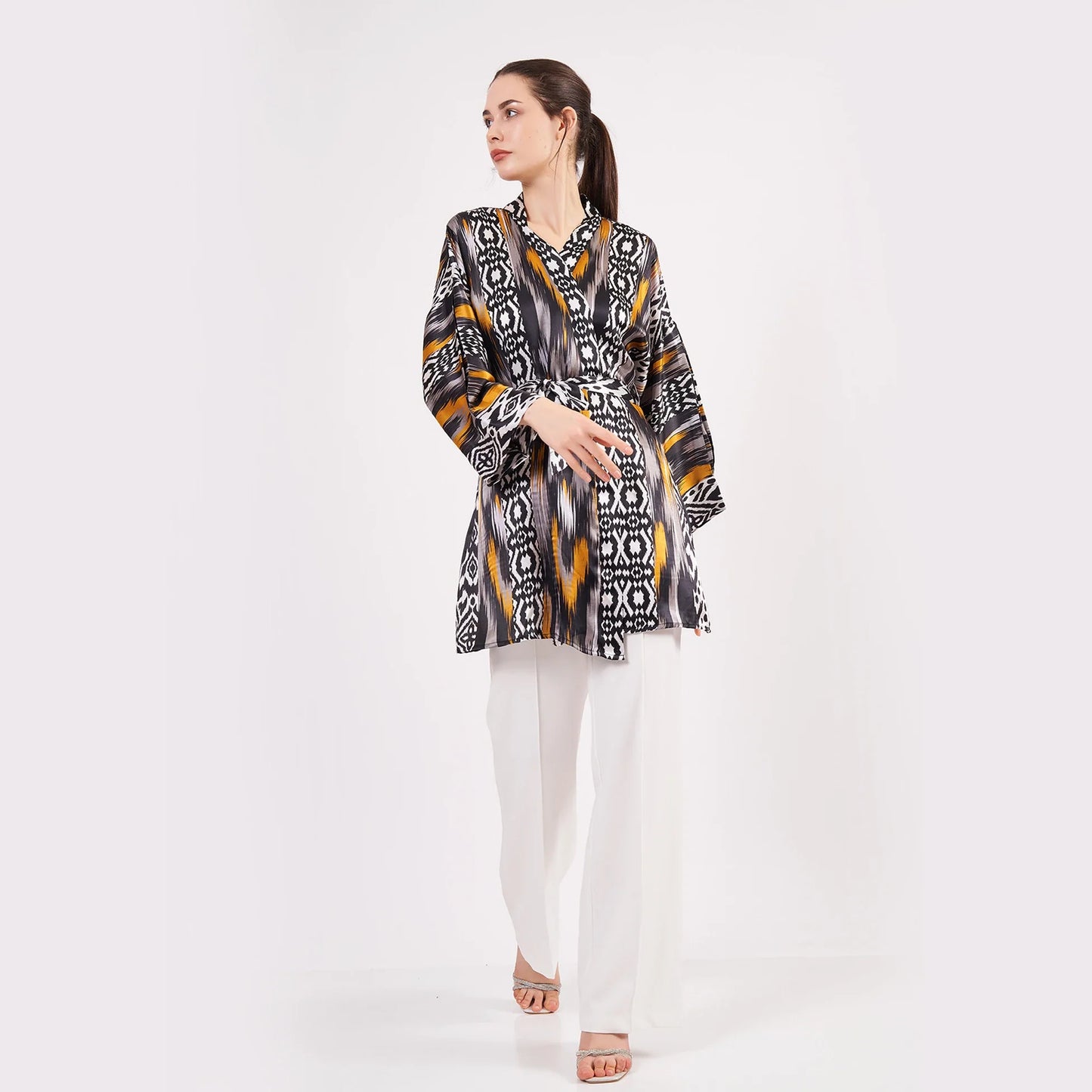 Saf İpek Kısa Kimono Kaftan | Ikat Desen 8 | Nomads Felt