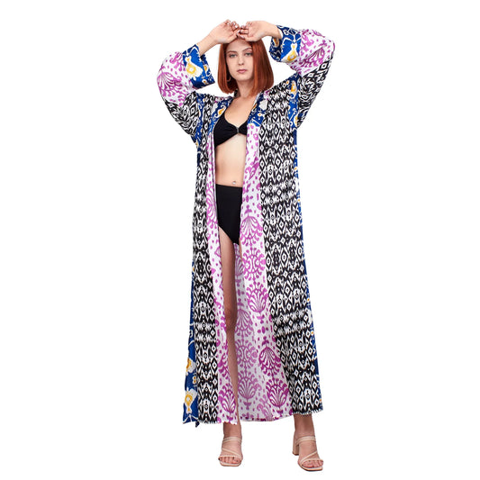 %100 İpek Kapüşonlu Kimono |Pembe İkat Desen 2 | Nomads Felt