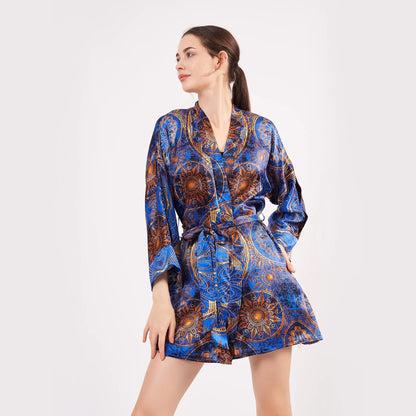 Saf İpek Kısa Kimono Kaftan | Mandala Desen 3 Saks Mavi | Nomads Felt