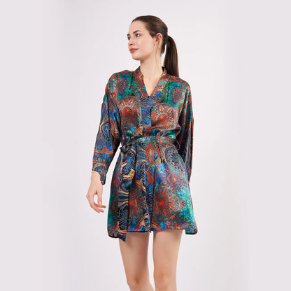 Saf İpek Kısa Kimono Kaftan | Mandala Desen 2 Yeşil | Nomads Felt