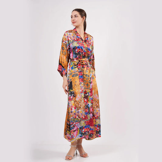 %100 İpek Uzun Kimono Kaftan | Çiçek Desen | Nomads Felt