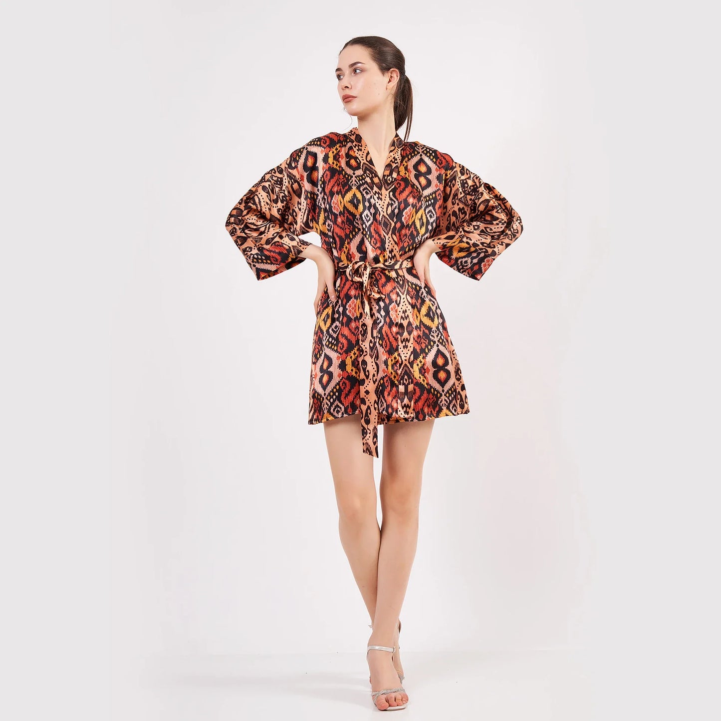Saf İpek Kısa Kimono Kaftan | Ikat Desen 4 | Nomads Felt