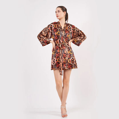 Saf İpek Kısa Kimono Kaftan | Ikat Desen 4 | Nomads Felt