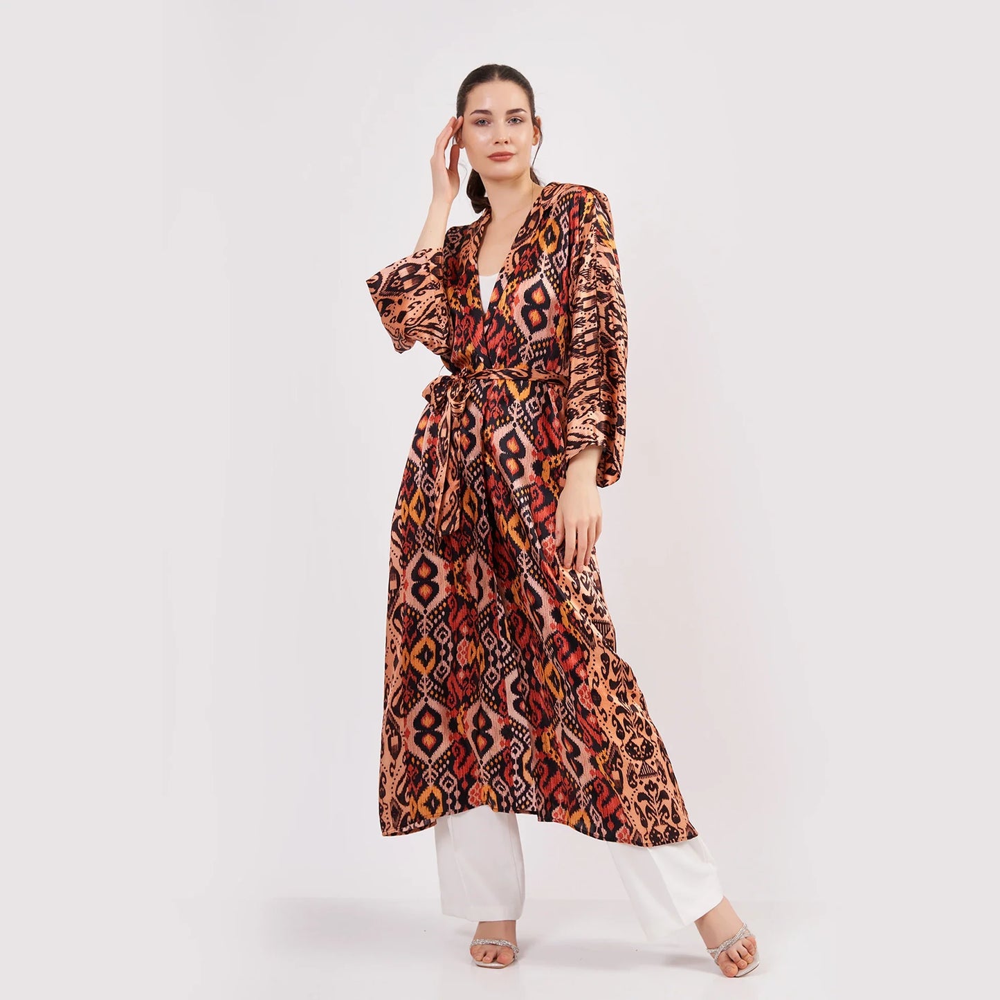 Saf İpek Kapüşonlu Kimono Kaftan İkat Desen 17 | Nomads Felt