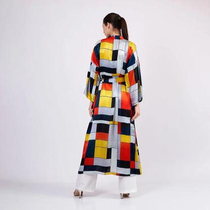 Saf İpek Uzun Kimono Kaftan | Geometrik Desen | Nomads Felt