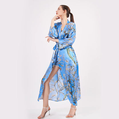 %100 İpek Kimono Kaftan | Mavi | Van Gogh Badem Ağacı | Nomads Felt