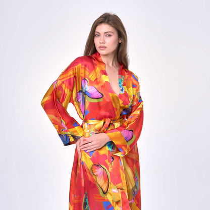 Kelebek Desenli %100 İpek Kimono Kaftan