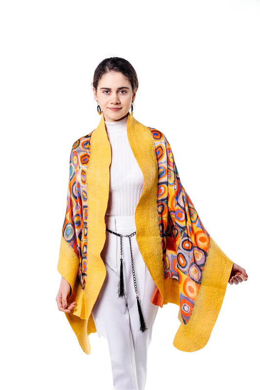 İpek Keçe Şal | Kandinsky Squares with Circles Sarı | Nomads Felt