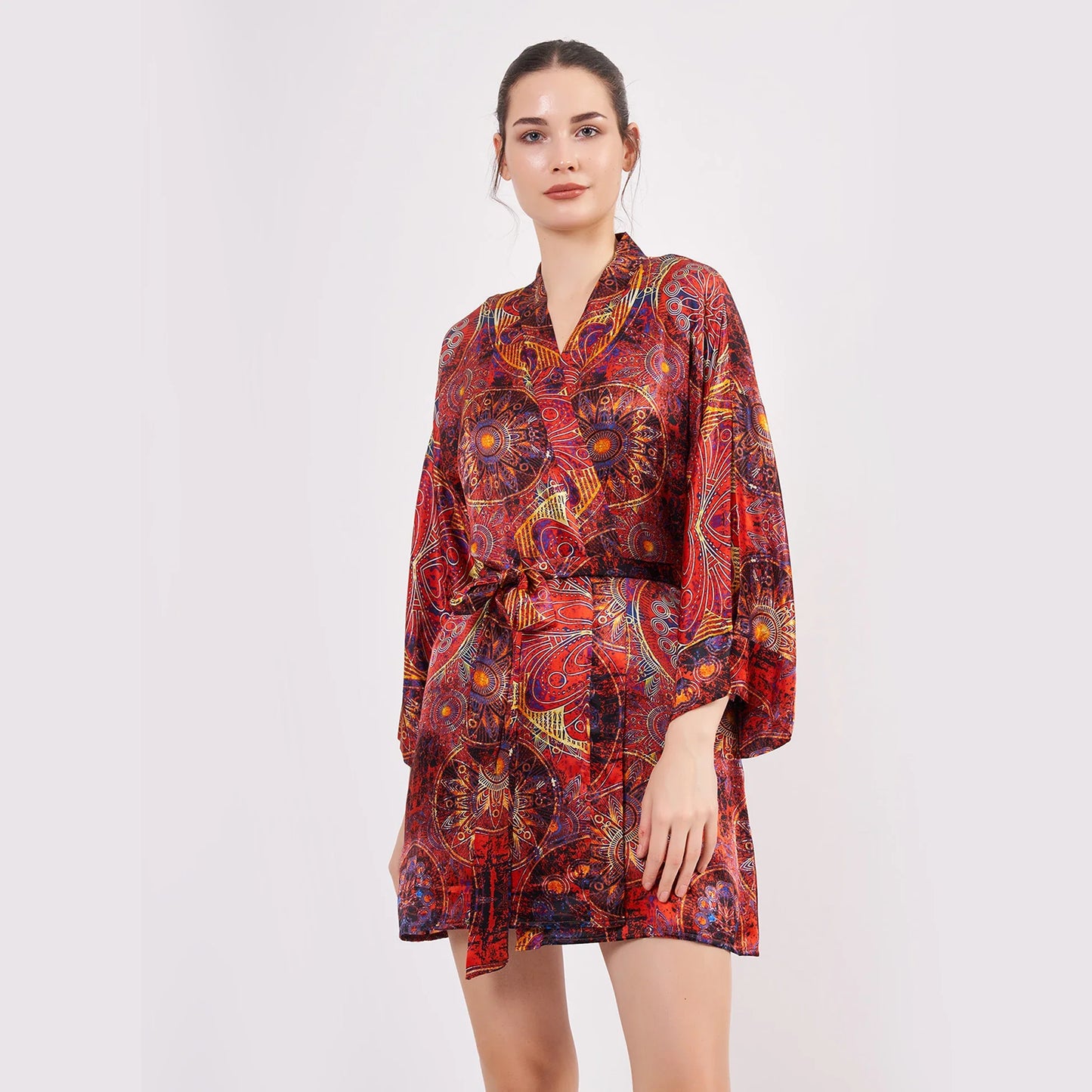 Saf İpek Kısa Kimono Kaftan | Mandala Desen Kırmızı | Nomads Felt