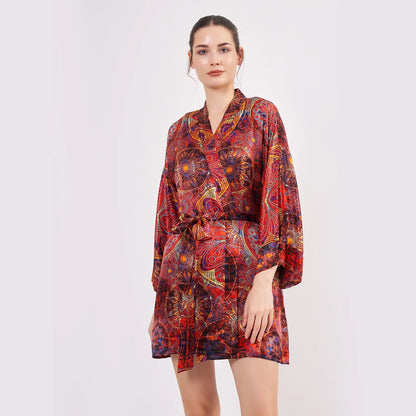 Saf İpek Kısa Kimono Kaftan | Mandala Desen Kırmızı | Nomads Felt