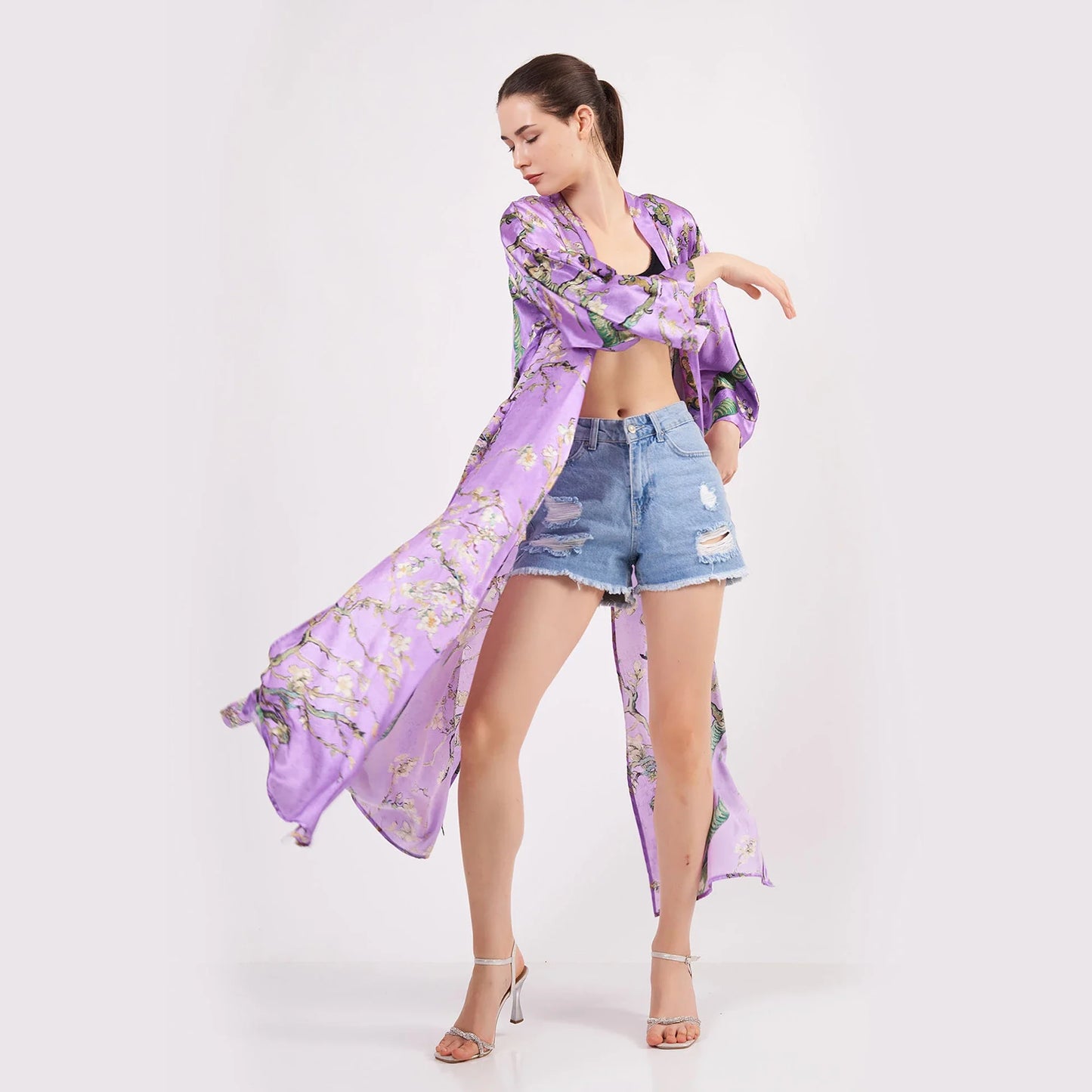 Saf İpek Uzun Kimono Kaftan | Mor Van Gogh Badem Ağacı | Nomads Felt
