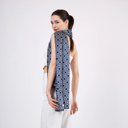 Saf İpek Fular | Lacivert | Unisex | Selçuklu Vektörel Yıldız Desen | Nomads Felt