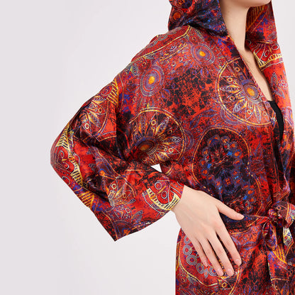 Saf İpek Kapüşonlu Kimono Kaftan | Mandala Desen Kırmızı | Nomads Felt