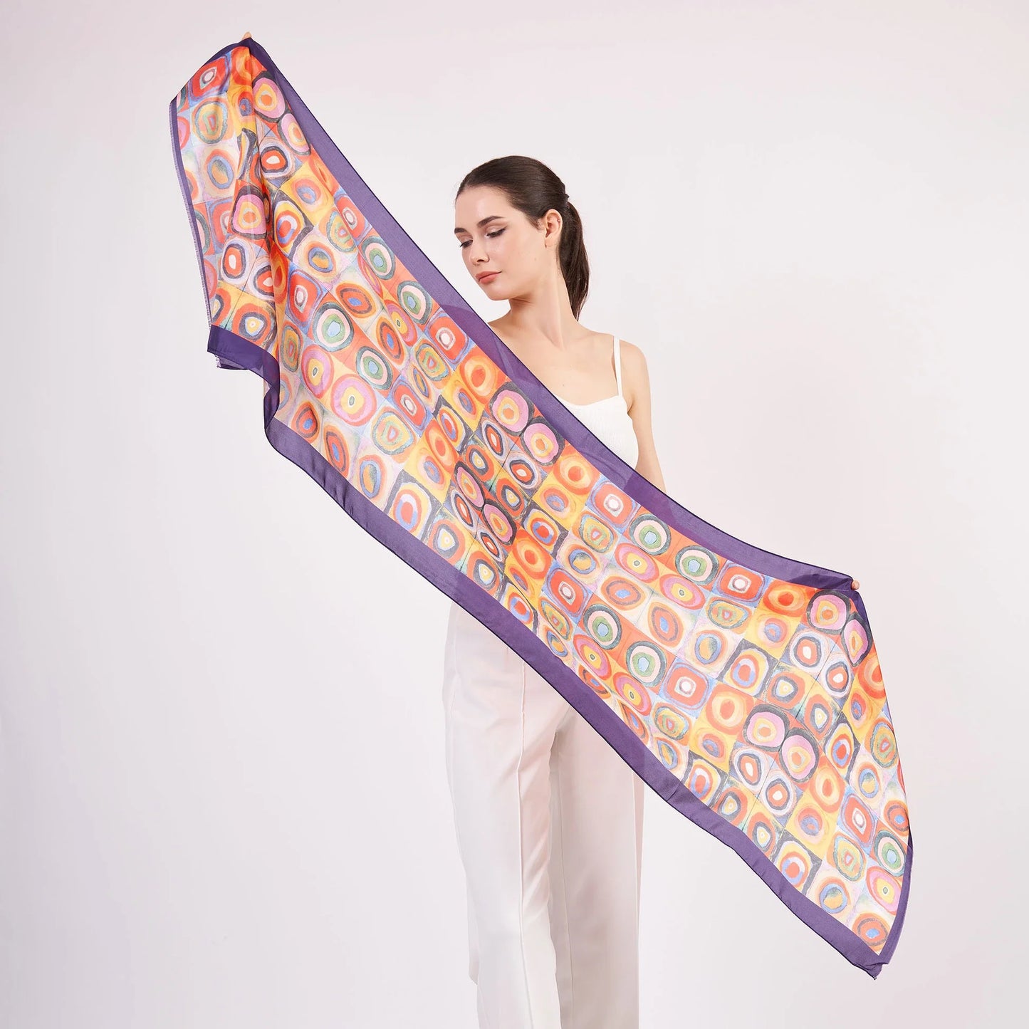 Vual İpek Fular | 55x180 cm | Mor Kandinsky Squares with Concentric Circles | Nomads Felt